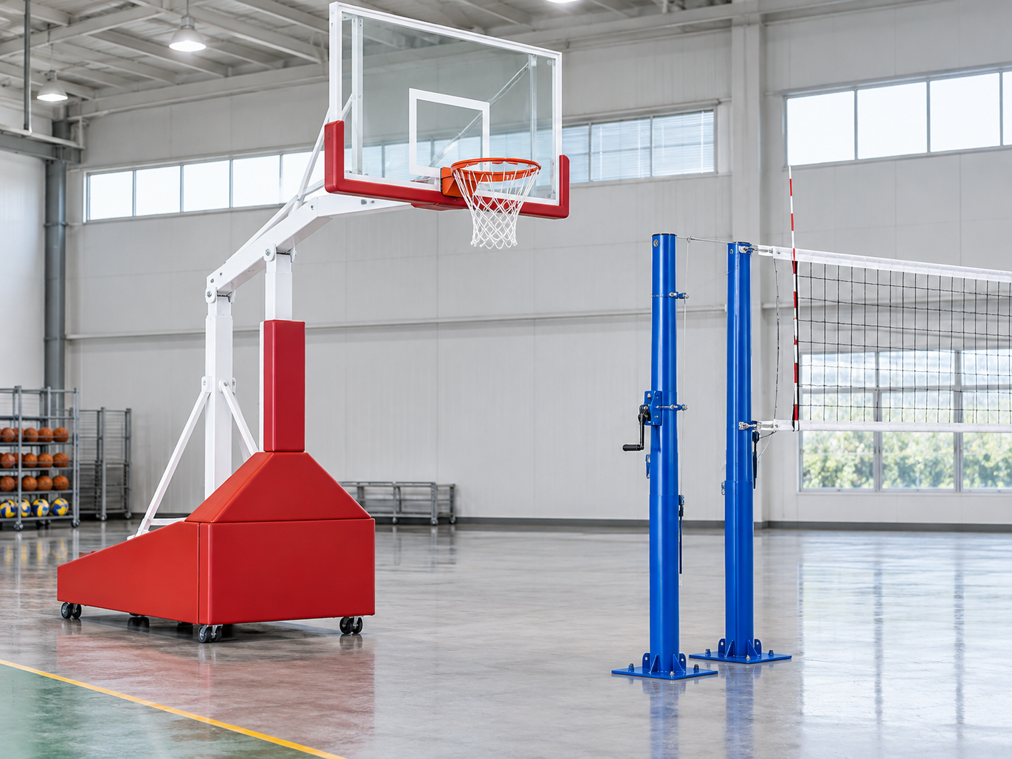 Basketball pole and volleyball pole equipment in a clean showroom