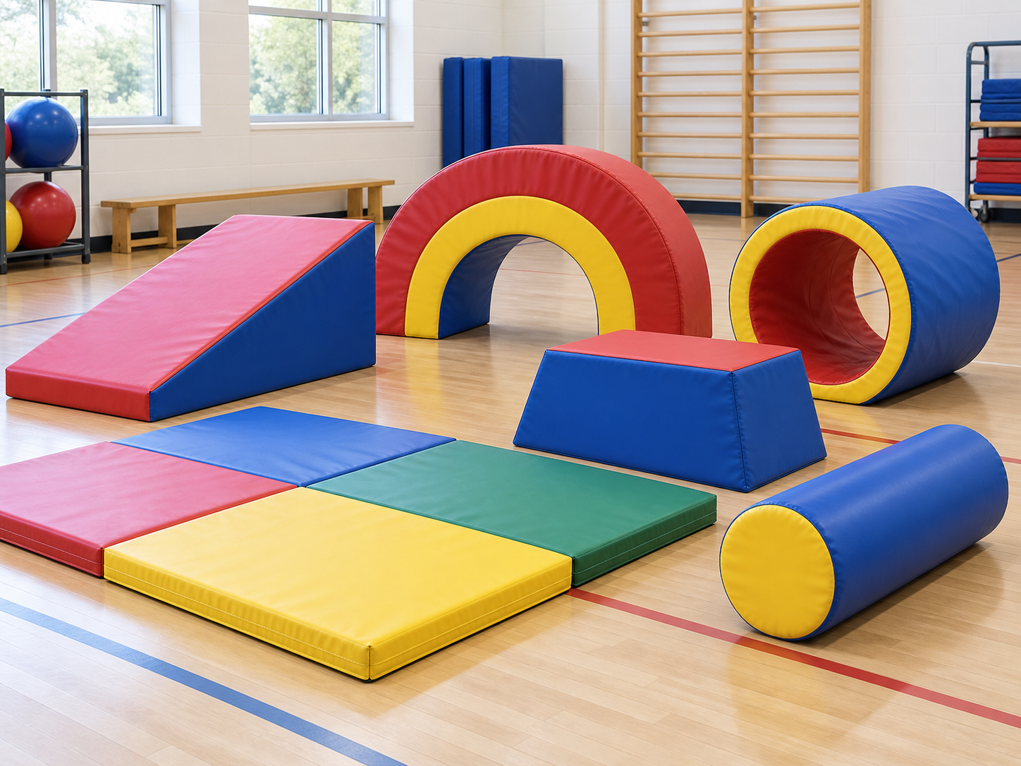 Colorful gymnastics foam mats and training shapes