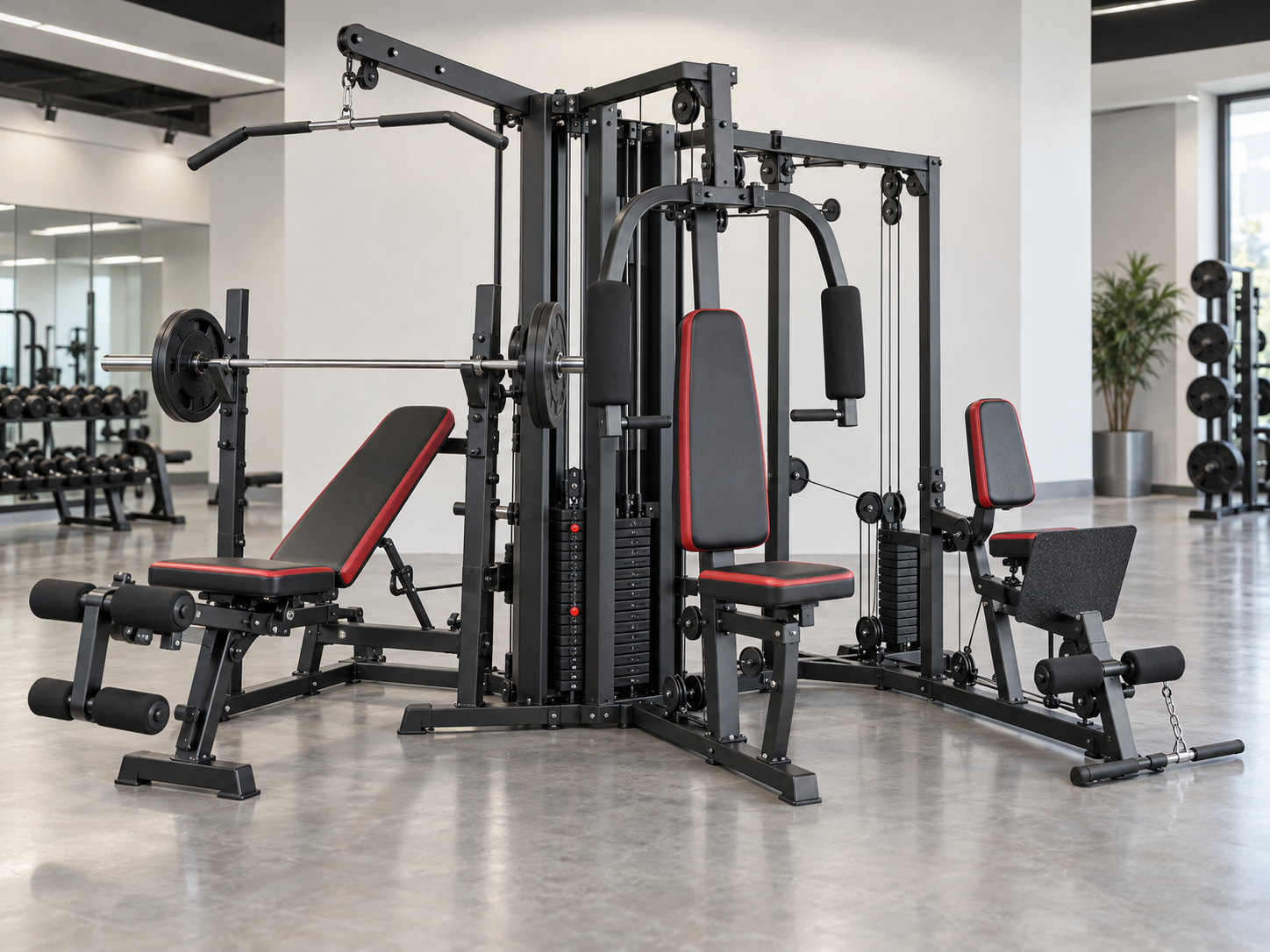 Indoor multi-station gym machine with pulleys and weight stacks