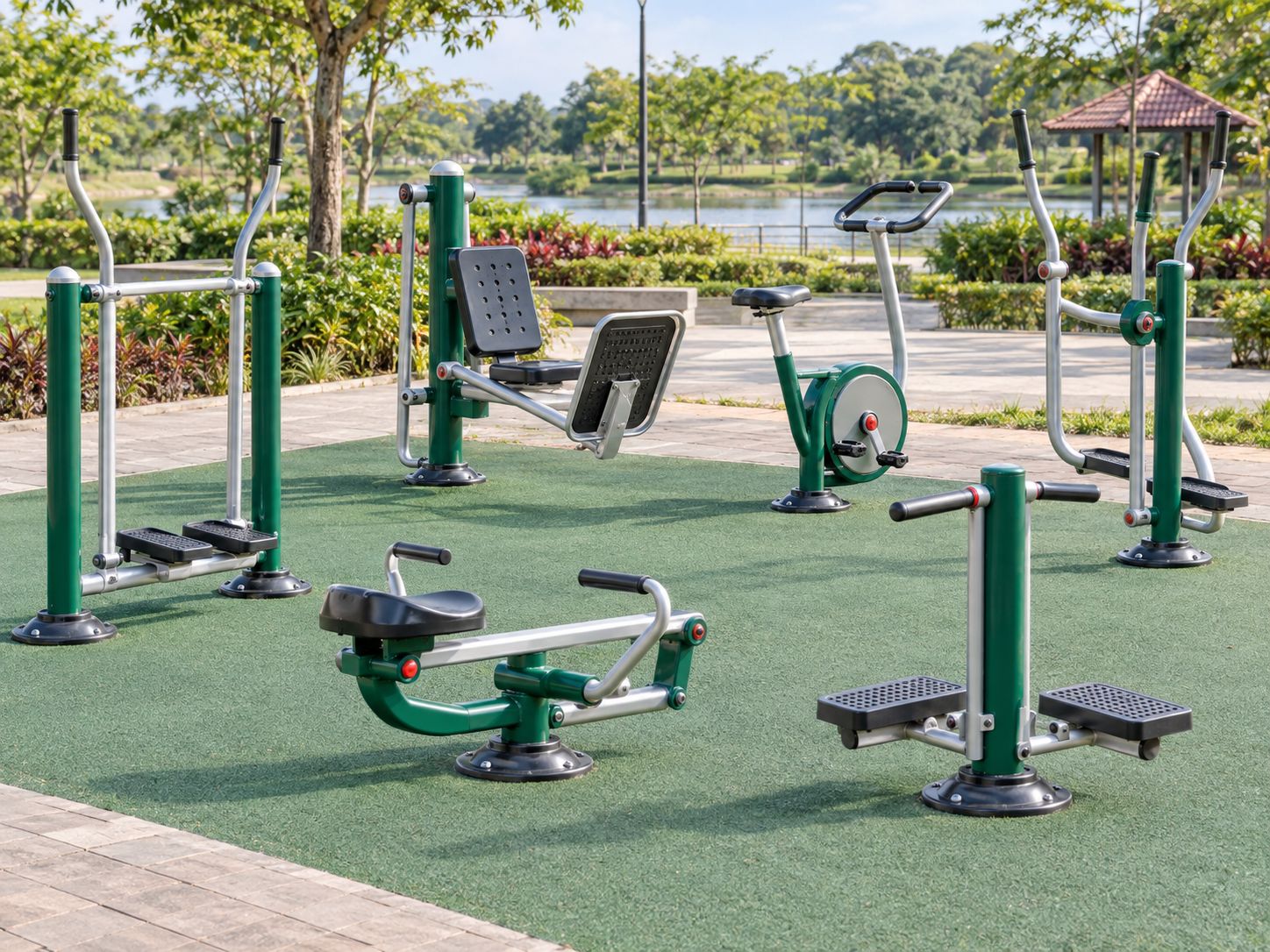 Outdoor park gym equipment installed on green flooring